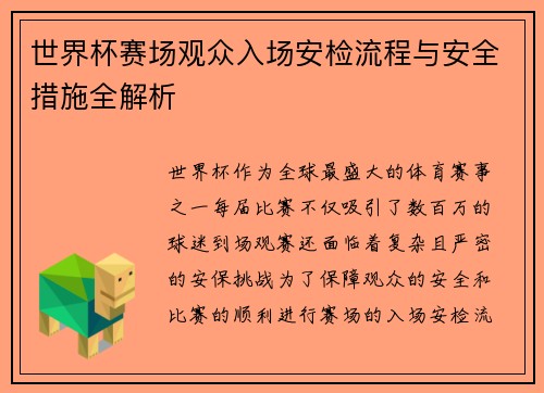 世界杯赛场观众入场安检流程与安全措施全解析