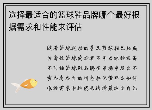 选择最适合的篮球鞋品牌哪个最好根据需求和性能来评估