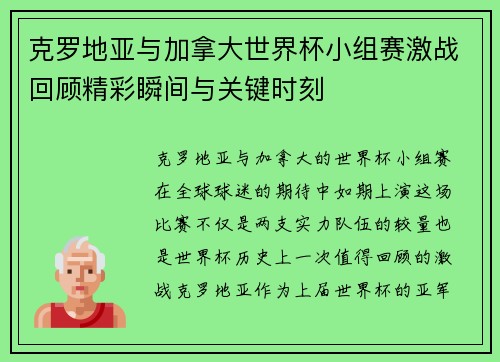 克罗地亚与加拿大世界杯小组赛激战回顾精彩瞬间与关键时刻