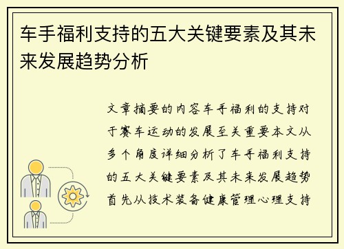 车手福利支持的五大关键要素及其未来发展趋势分析